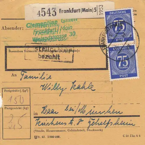 Paketkarte 1948: Frankfurt nach Haar
