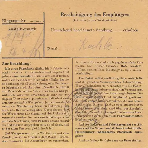 Paketkarte 1948: Frankfurt nach Haar