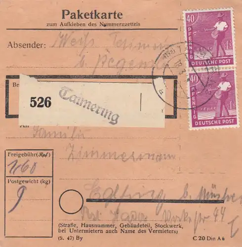 Paketkarte 1948: Taimering nach Eglfing b. München