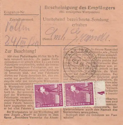 Carte de paquet 1948: Taimering vers Eglfing b. Munich