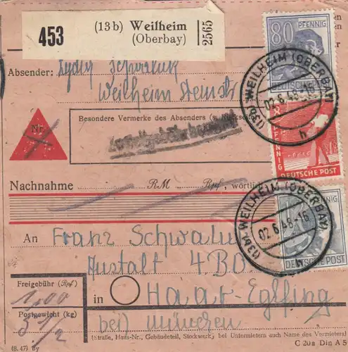 Carte de paquet 1948: Weilheim à Haar, établissement, remboursement