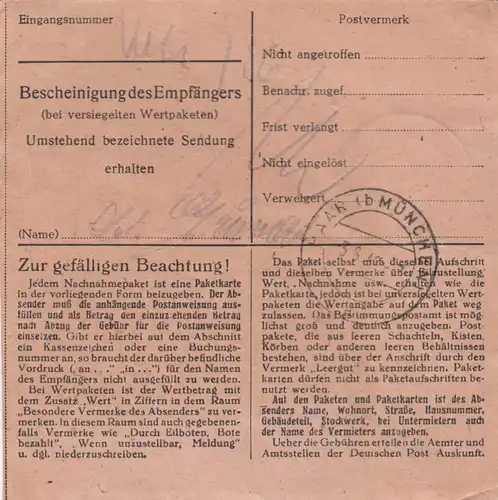 Carte de paquet 1948: Weilheim à Haar, établissement, remboursement