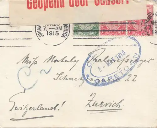 South Africa 1915: Johannesburg via Capetown to Zürich/Switzerland, censor
