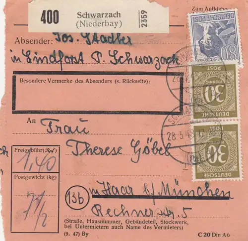 Carte de paquet 1948: Schwarzach in Lindforst par cheveux