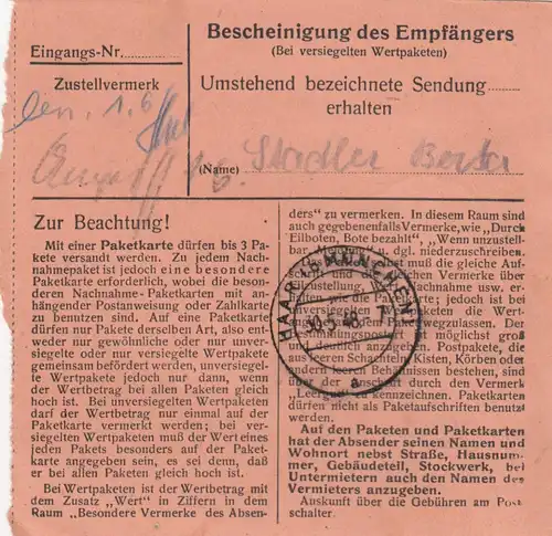 Paketkarte 1948: Schwarzach in Lindforst nach Haar