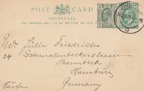 Afrique du Sud 1909: Johannesburg post card to Hambourg