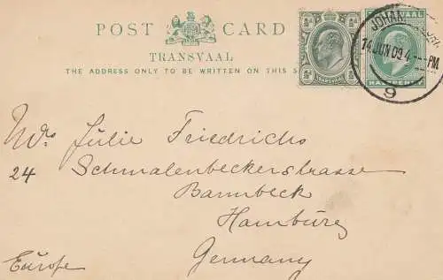 South Africa 1909: Johannesburg post card to Hamburg