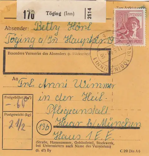 Paketkarte 1948: Töging nach Haar, Pflegeanstalt
