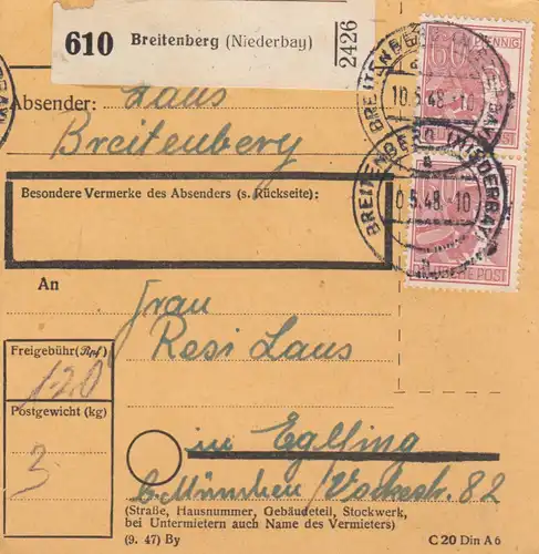 Carte de paquet 1948: Breitenberg vers Eglfing