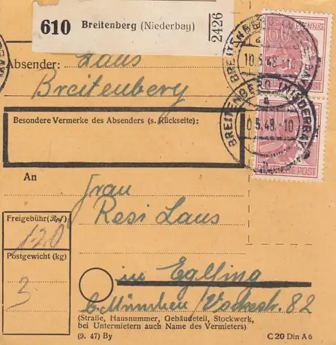 Paketkarte 1948: Breitenberg nach Eglfing