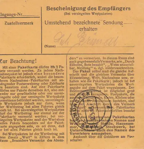 Paketkarte 1948: Breitenberg nach Eglfing