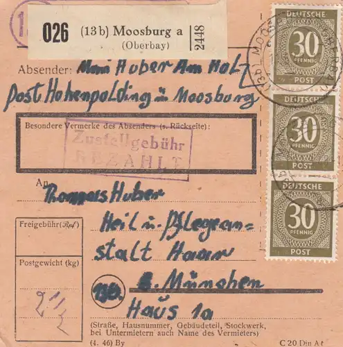 Paketkarte 1948: Moosburg nach München Haar, Heilanstalt