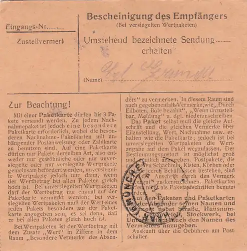 Paketkarte 1948: Moosburg nach München Haar, Heilanstalt