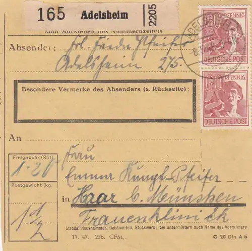 Carte de paquet 1948: Adelsheim après Haar, clinique pour femmes