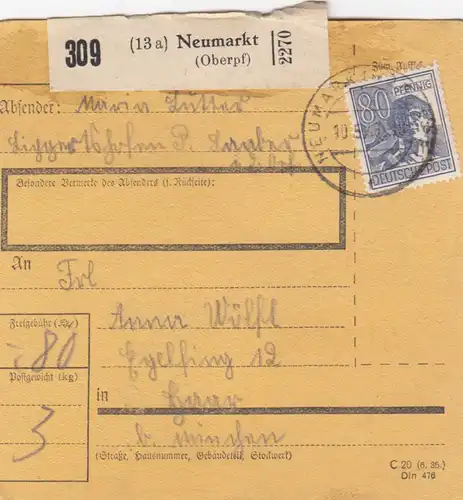 Carte de paquet 1948: Neumarkt a Eglfing Haar