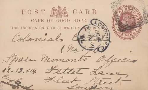 Afrique du Sud 1909: carte postale Cap Colony to London