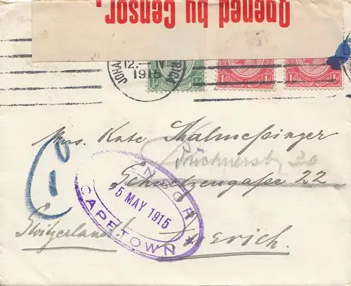 South Africa 1915: Johannesburg via Capetown, censor, to Zürich/Switzerland