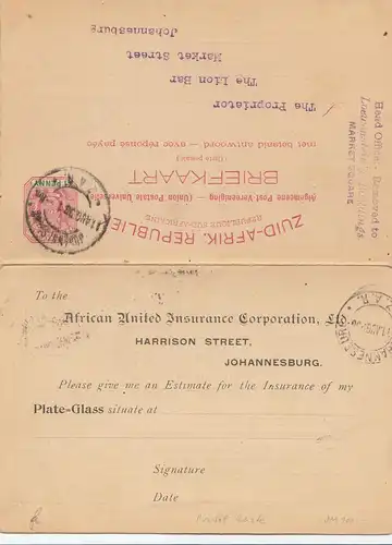 South Africa 1898 Johannesburg Post card Insurance Corporation, response cart