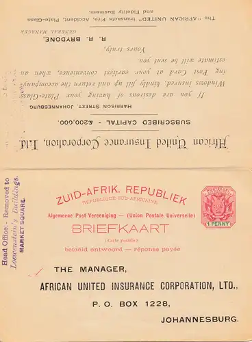 South Africa 1898 Johannesburg Post card Insurance Corporation, response cart