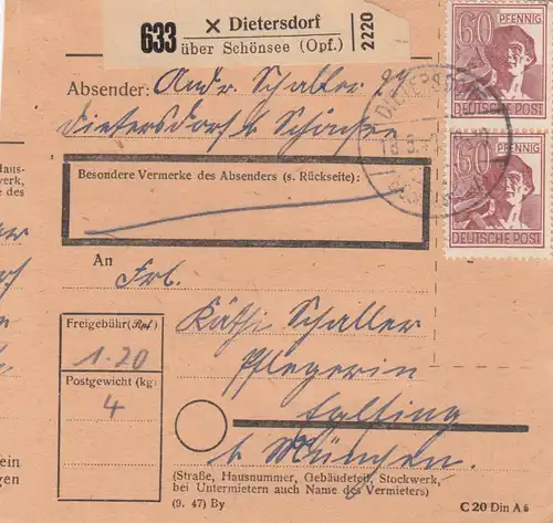 Paketkarte 1948: Dietersdorf Opf. nach Eglfing, Pflegerin