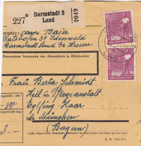 Carte de paquet 1948: Darmstadt Land a Eglfing, asile