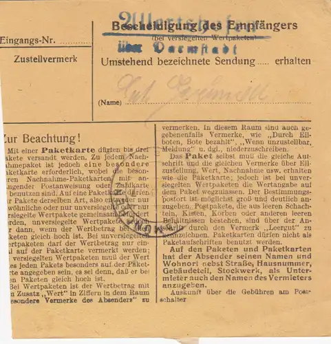 Carte de paquet 1948: Darmstadt Land a Eglfing, asile