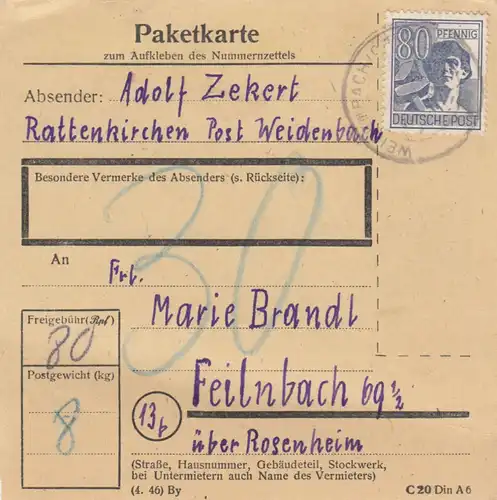 Paketkarte: Rattenkirchen Post Weidenbach nach Feilnbach