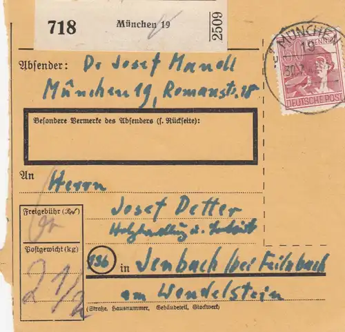 Paketkarte 1947: München 19 nach Jenbach, Holzhandlung