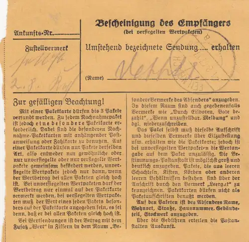 Carte de paquet 1947: Munich 19 vers Jenbach, Holzfält