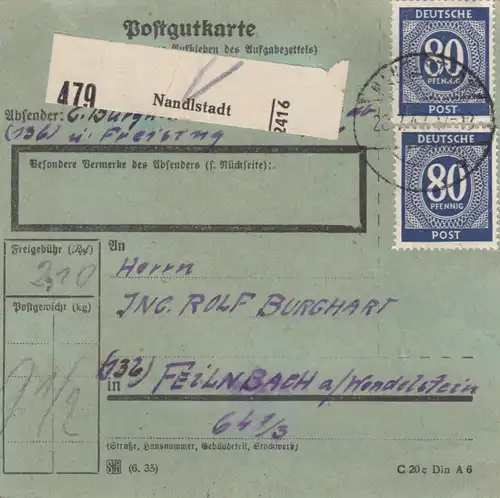 Paketkarte 1947: Nandlstadt nach Feilnbach Wendelstein