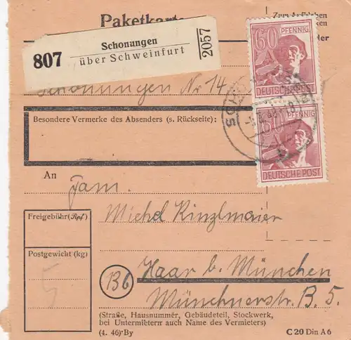 Paketkarte 1948: Schonungen über Schweinfurt nach Haar