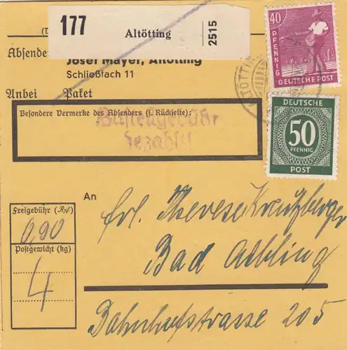 Paketkarte 1947: Altötting nach Bad Aibling