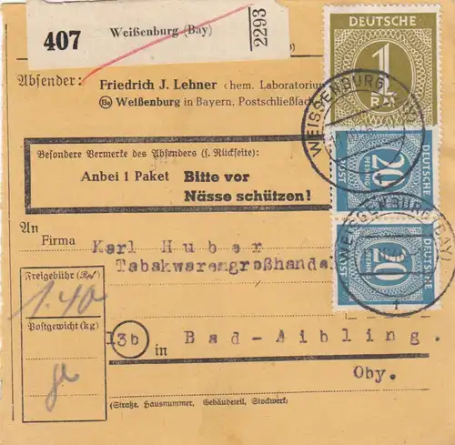 Paketkarte 1946: Weißenburg nach Bad-Aibling, Pak. v Nässe schütz., Tabak