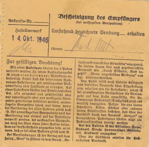 Carte de paquet 1946: Weißenburg après Bad-Aibling, Pak. v Nässe protection, tabac
