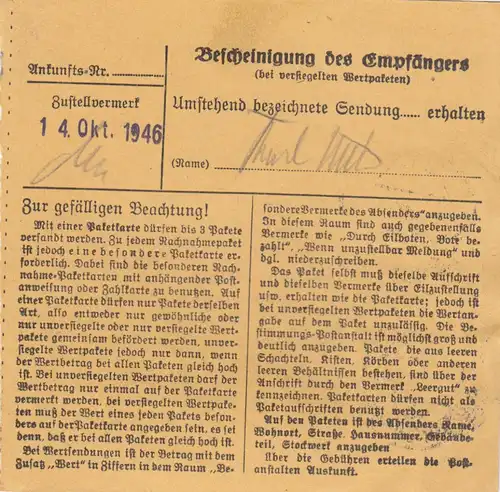 Paketkarte 1946: Weißenburg nach Bad-Aibling, Pak. v Nässe schütz., Tabak