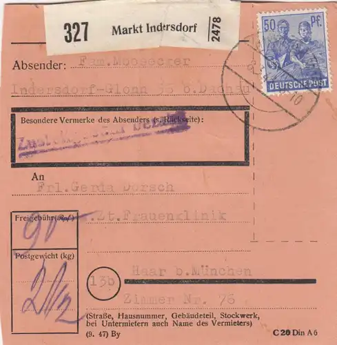 Carte de paquet 1948: Indersdorf-Glonn par Haar, clinique pour femmes