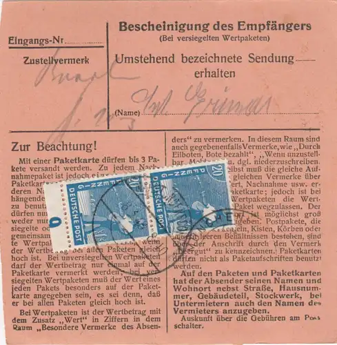 Carte de paquet 1948: Indersdorf-Glonn par Haar, clinique pour femmes