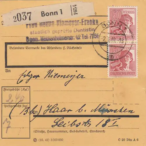 Carte de paquet 1948: Bonn, Dentiste, par cheveux