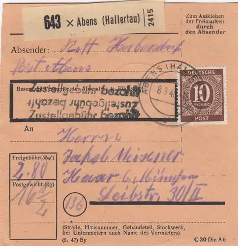 Carte de paquet 1948: Abens Hallertau par Cheveux