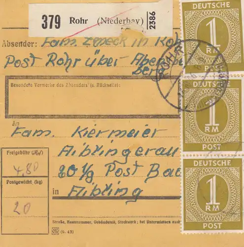 Paketkarte 1946: Rohr über Abensberg nach Aibling