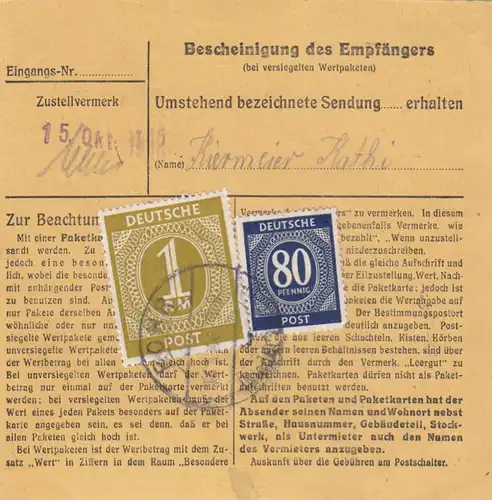 Paketkarte 1946: Rohr über Abensberg nach Aibling