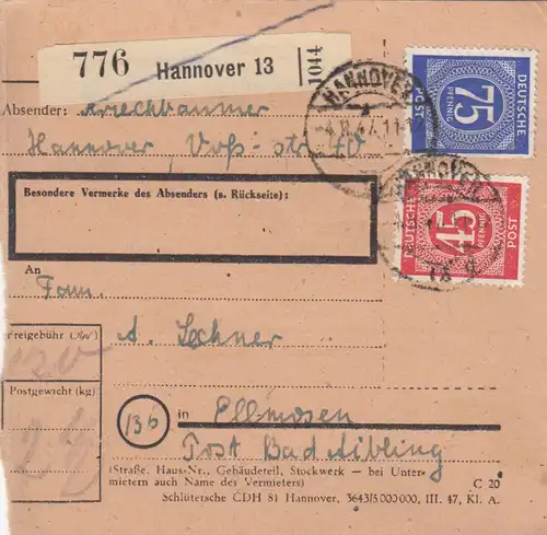 Paketkarte 1947: Hannover nach Ellmosen Bad Aibling