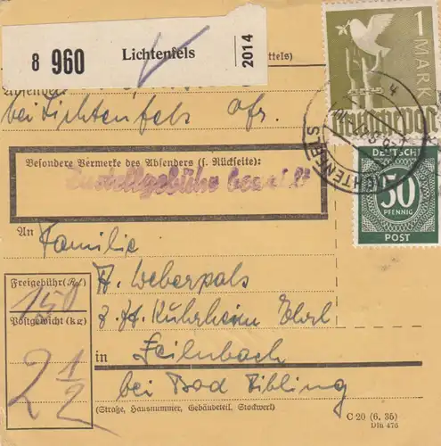 Carte de paquet 1947: Lichtenfels vers Feilnbach