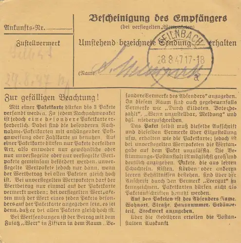 Carte de paquet 1947: Lichtenfels vers Feilnbach