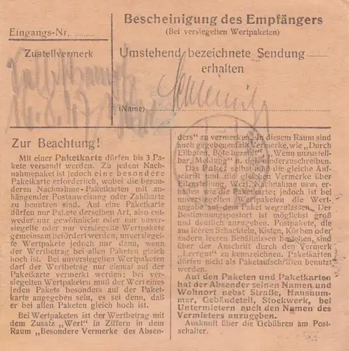 Paketkarte 1947: Augsburg nach Feilnbach
