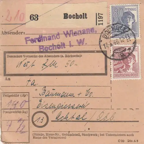 Paketkarte 1948: Bocholt nach Achtal, Eissengiesserei, Wertkarte