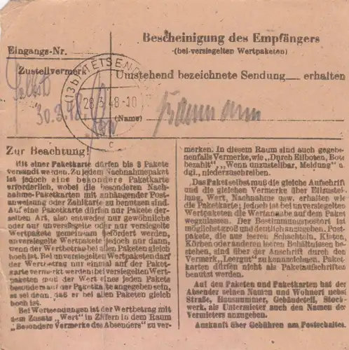 Carte de paquet 1948: Bocholt après Achtal, Eissesserei, Carte