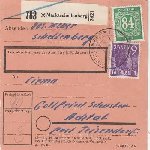 Paketkarte 1948: Marktschellenberg nach Achtal Post Teisendorf
