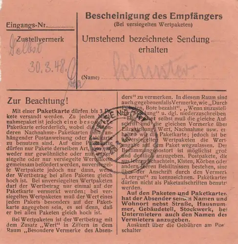 Paketkarte 1948: Marktschellenberg nach Achtal Post Teisendorf