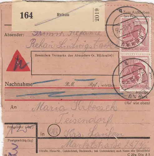 Paketkarte 1948: Rehau nach Teisendorf, Nachnahme